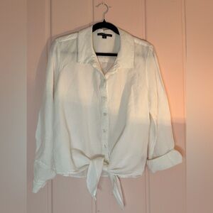 Boston Proper Cream/White Button-Down Tie Waist Linen Shirt sz Large